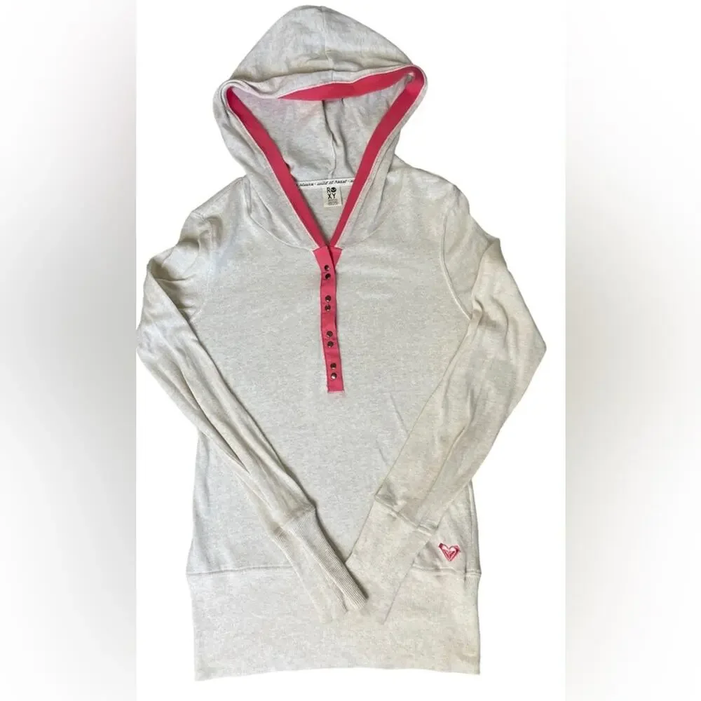 Roxy‎ - Thin Long Sleeve Pullover Hoodie - 100% Cotton - Size M - Cream & Pink